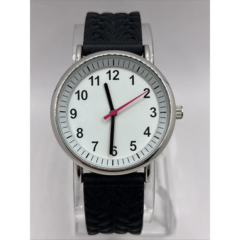 MSPCI Women's Quartz Watch Black Silicone Band Silver‎ 36mm Case- New Battery